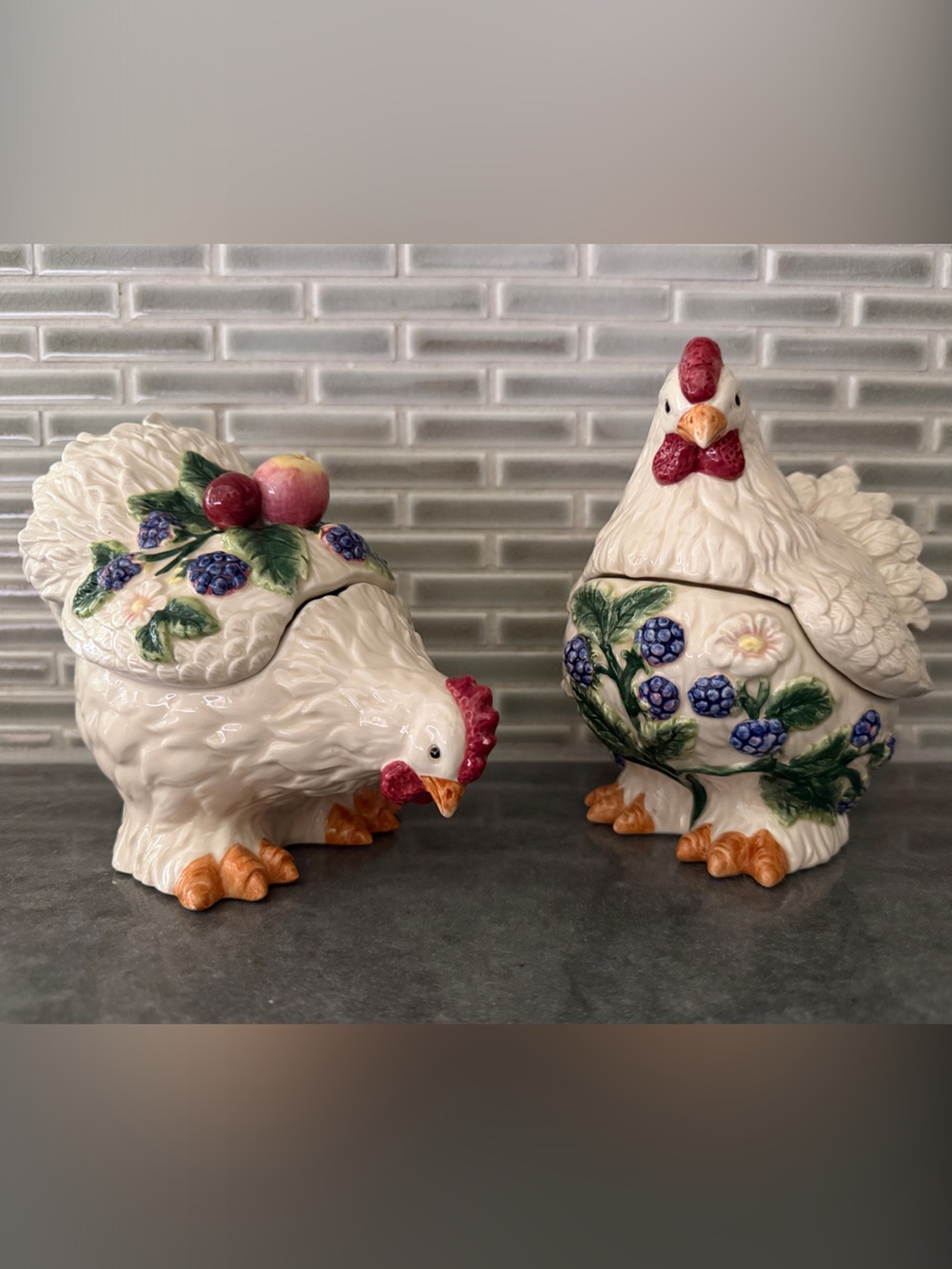 Fitz and Floyd White Ceramic Hen Canisters with Floral and Berry Accents